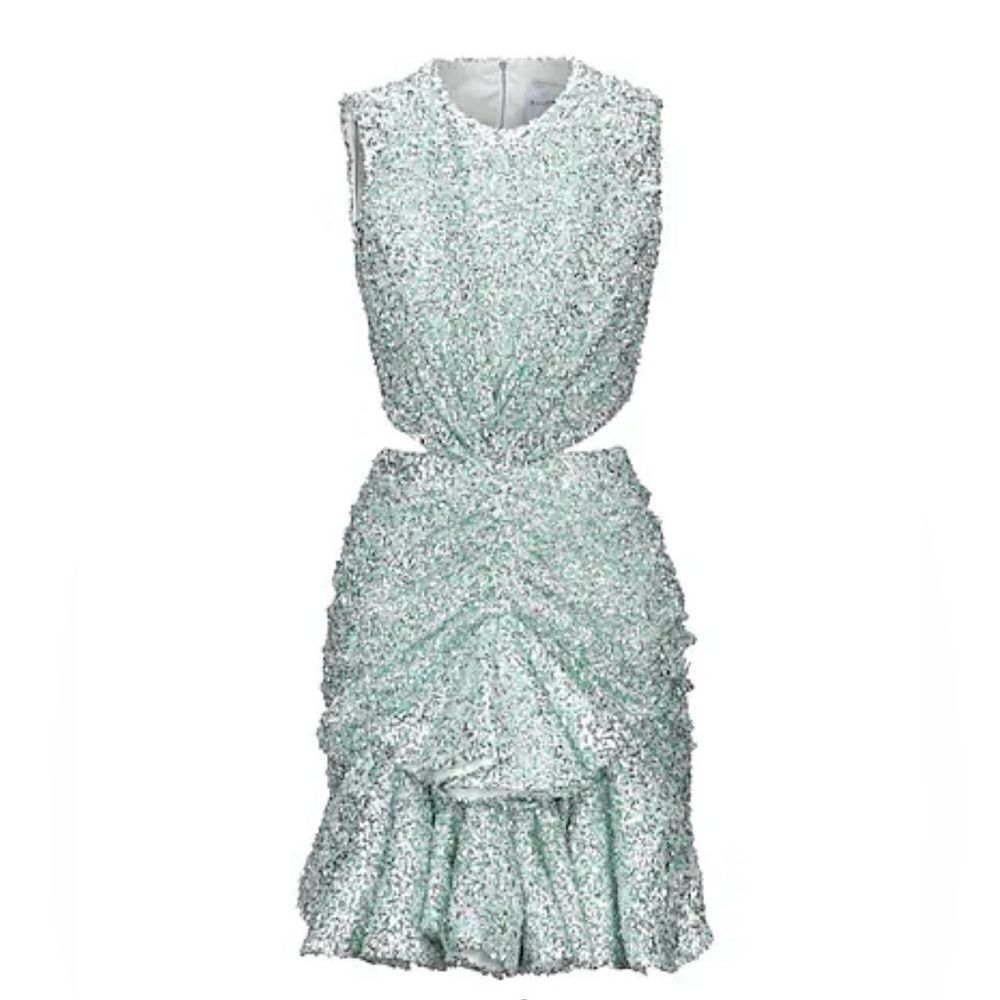 NWT Halpern cupped sequin high collared cut out dress aqua lace size 34/US 2